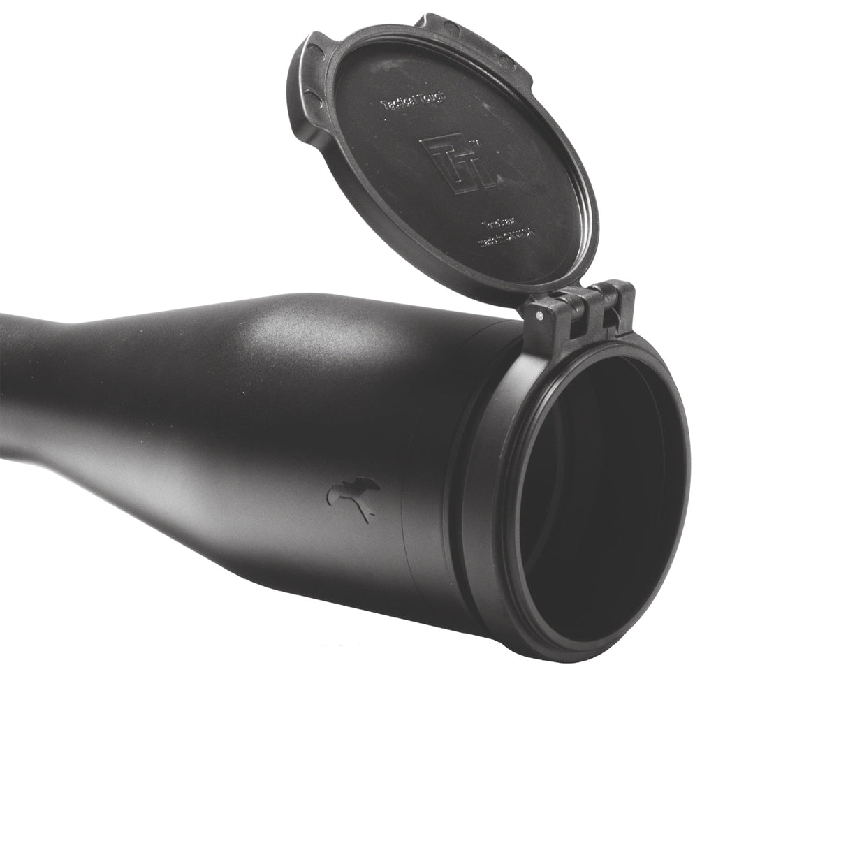 Kite Optics B6 42mm objective flip cover in black, shown open and mounted on a riflescope