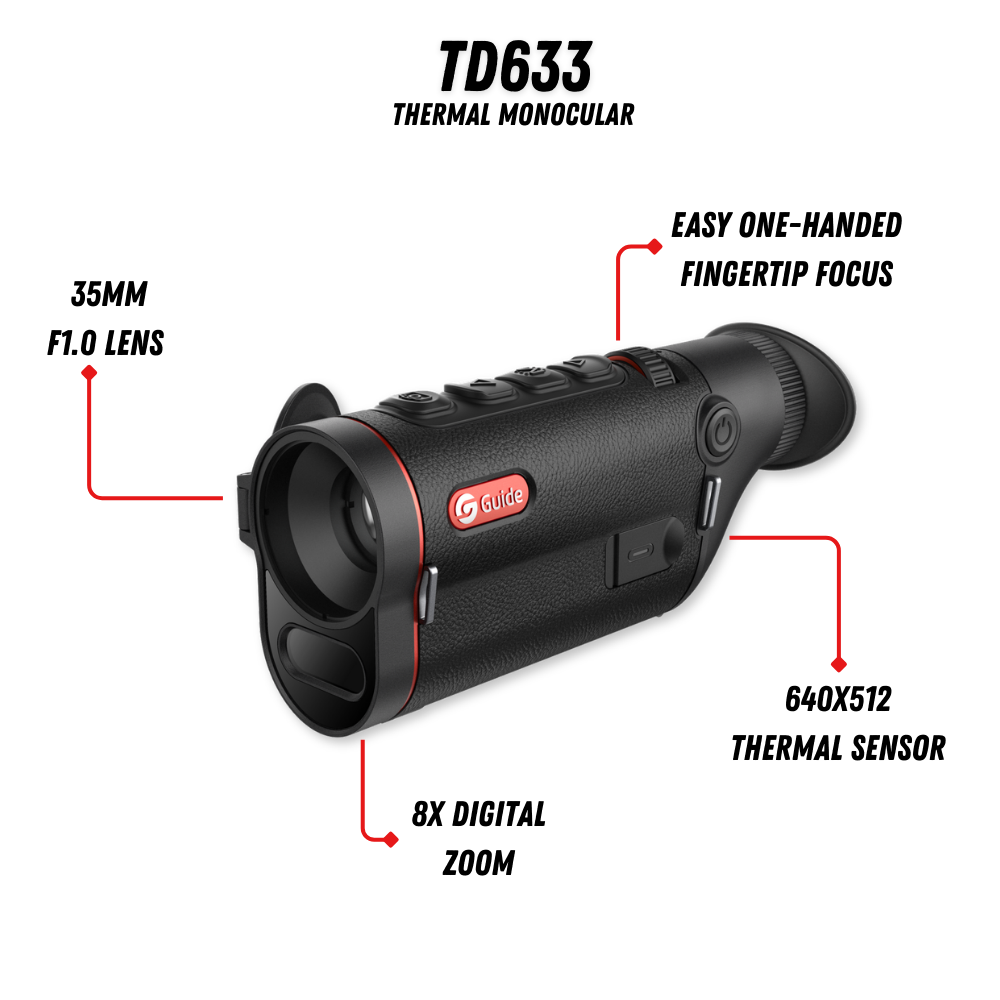 Guide TD633 thermal monocular side profile showing the focus knob, mode buttons, and 0.36 inch AMOLED eyepiece