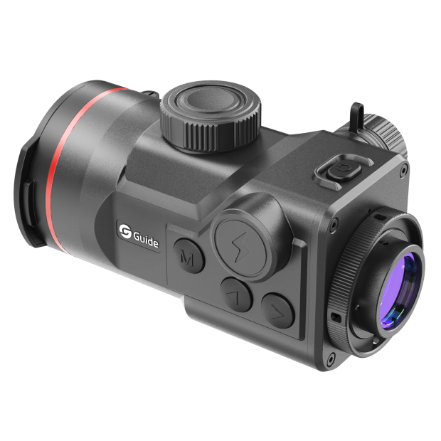 Guide TB1260LS HD thermal clip-on side profile showing the focus knob, control buttons, and ApexVision 2.0 architecture chassis