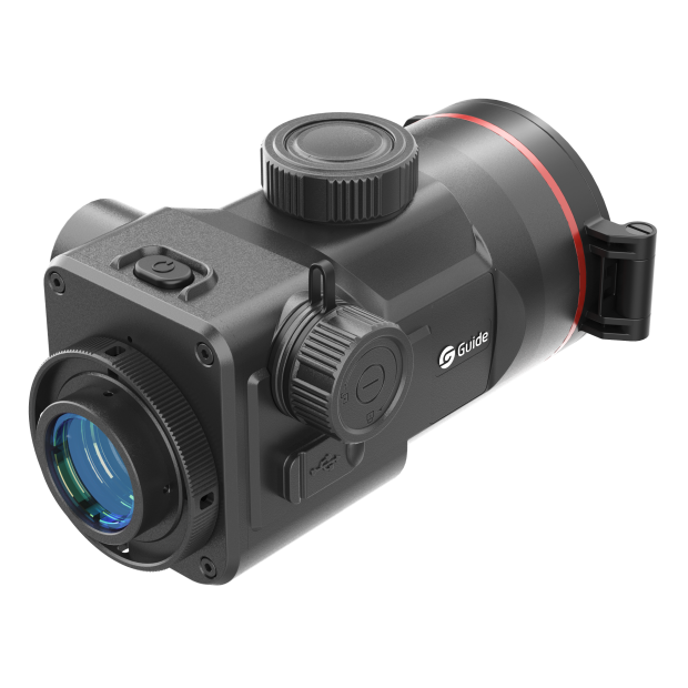 Guide TB1260LS HD thermal clip-on rear view showing the 0.5 inch 1600x1200 AMOLED eyepiece and replaceable 18650 battery compartment