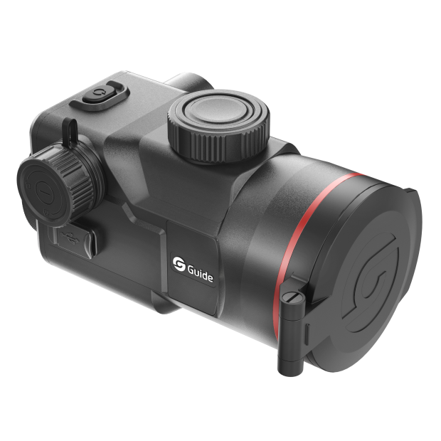 Guide TB1260LS HD thermal clip-on top view showing the focus knob layout and integrated laser rangefinder housing