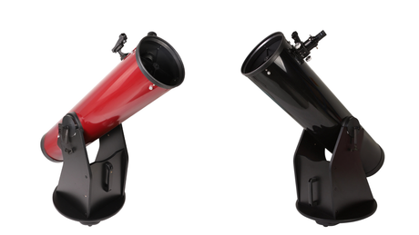 Explore Scientific 8-inch f/5.9 Dobsonian in Ruby Red beside the black Explore Scientific 10-inch f/4.7 Dobsonian, both on their rocker bases