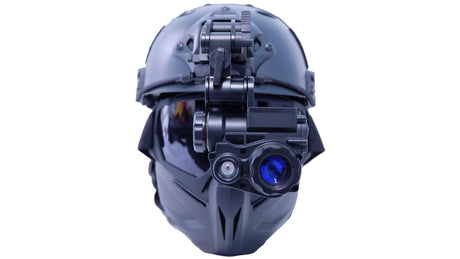 Luna Optics DTM1 digital night vision monocular mounted on a tactical helmet for hands-free use at night
