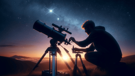 Equatorial telescope mount aligned toward the celestial pole at a dark sky site