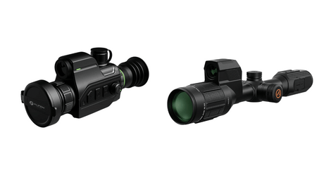Thermal scope with built-in laser rangefinder showing thermal imaging view with range data overlay
