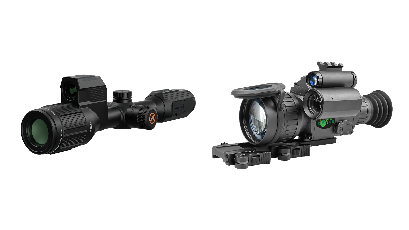 Thermal scope and digital night vision riflescope shown side by side for hunting comparison