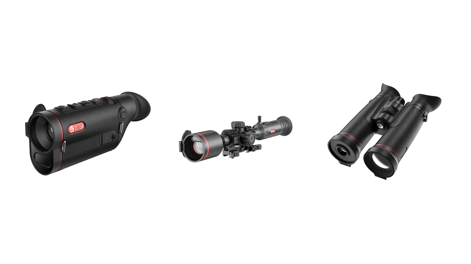 Three Guide Sensmart thermal optics arranged side by side on a white background: TD 633L handheld monocular, TU650P 3.0 thermal riflescope, and TN650L thermal binocular