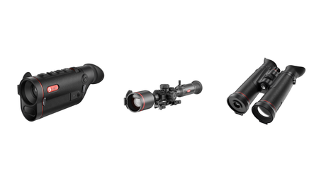 Three Guide Sensmart thermal optics arranged side by side on a white background: TD 633L handheld monocular, TU650P 3.0 thermal riflescope, and TN650L thermal binocular
