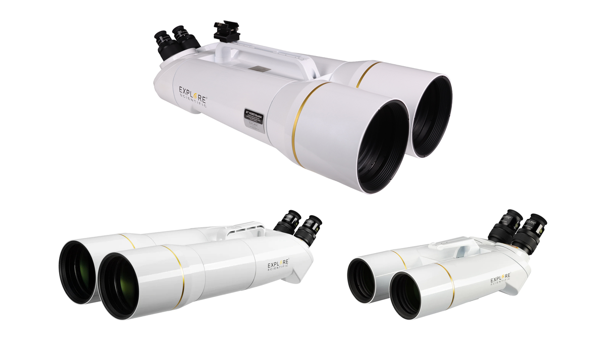 Explore Scientific BT-70 SF, BT-120 SF and BT-150 ED giant binoculars for astronomy shown side by side