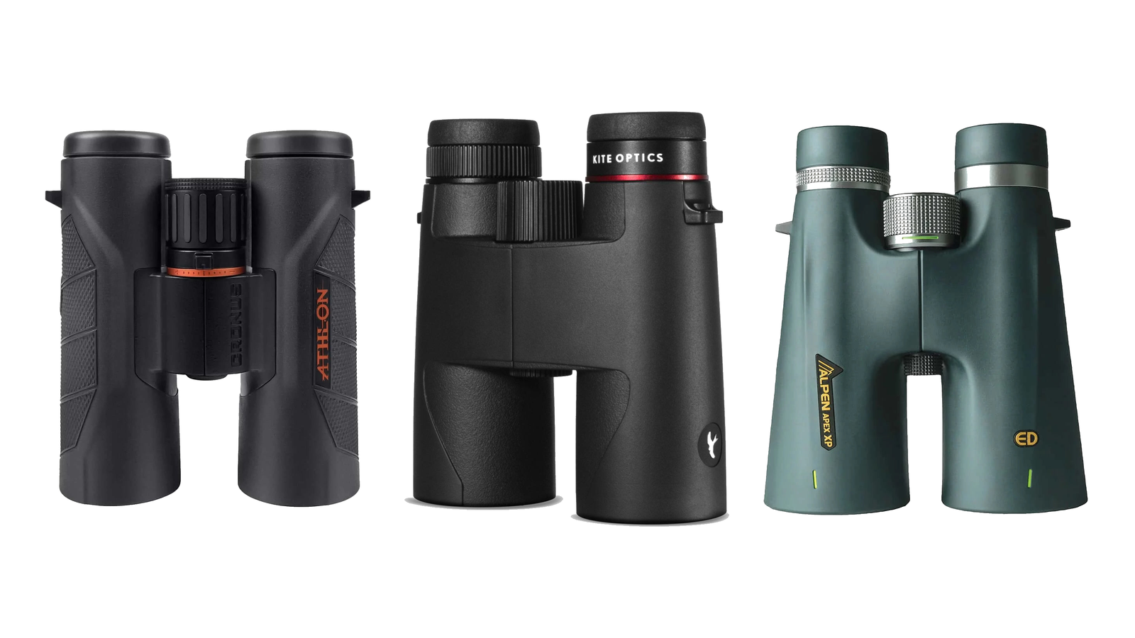 A lineup of the best hunting binoculars of 2026 from Athlon, Kite, and Alpen