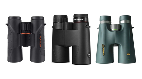 A lineup of the best hunting binoculars of 2026 from Athlon, Kite, and Alpen