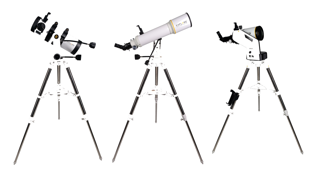 Explore Scientific Sidara Nano 114 reflector, Sidara Essential 102 refractor and Sidara Pro 127 Maksutov-Cassegrain telescopes on their tripods, side by side