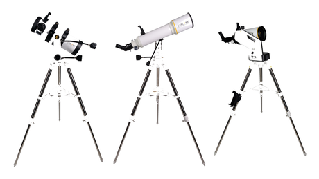 Explore Scientific Sidara Nano 114 reflector, Sidara Essential 102 refractor and Sidara Pro 127 Maksutov-Cassegrain telescopes on their tripods, side by side