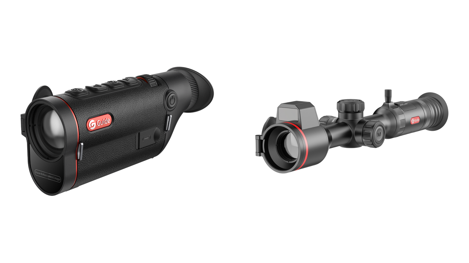 A handheld thermal monocular beside a weapon-mounted thermal riflescope