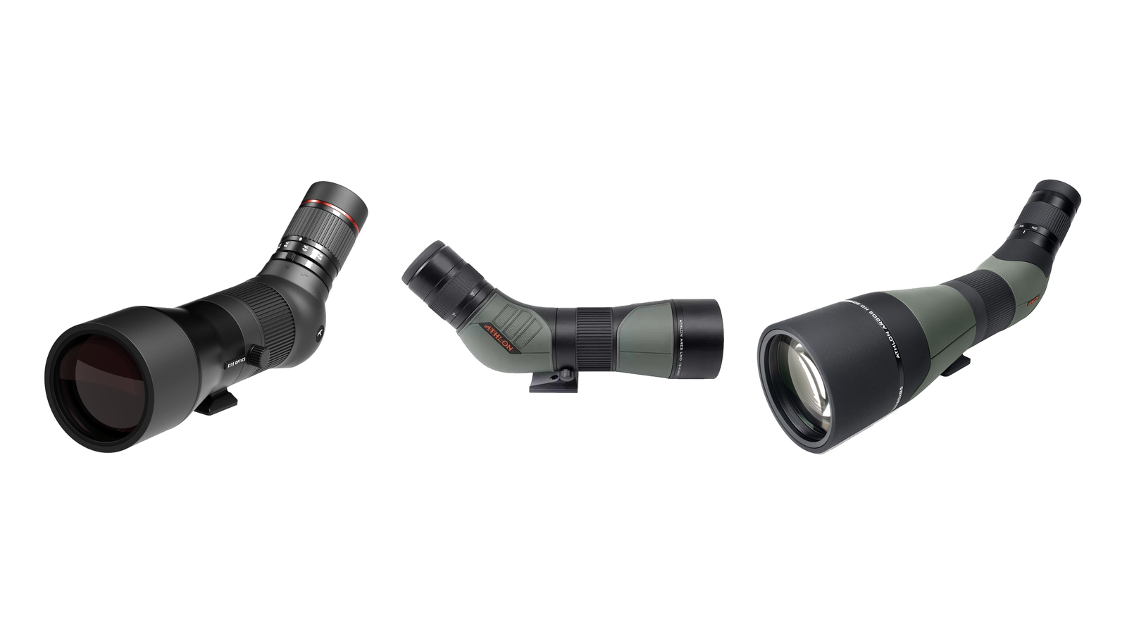 Three premium spotting scopes for birding shown side by side on white: Kite Optics KSP 80 HD2, Athlon Ares G2 UHD 15-45x65, and Athlon Argos HD 20-60x85.