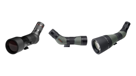 Three premium spotting scopes for birding shown side by side on white: Kite Optics KSP 80 HD2, Athlon Ares G2 UHD 15-45x65, and Athlon Argos HD 20-60x85.