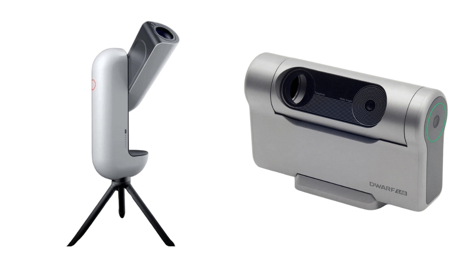 Vaonis Vespera Pro and DWARF 3 smart telescopes side by side on a white background