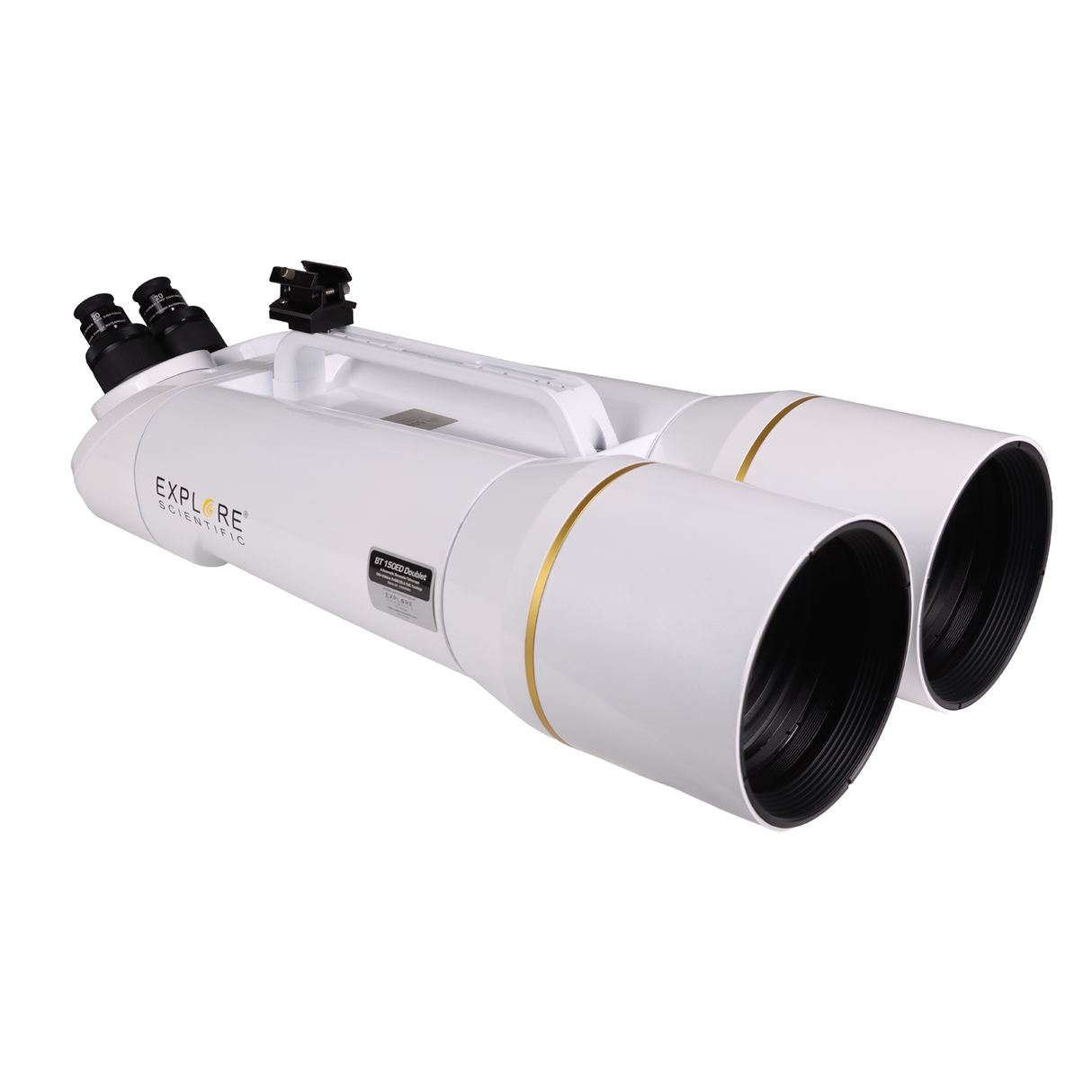 Explore Scientific BT 150mm ED Giant Binocular at three-quarter view, showing both 150mm objective barrels with gold trim rings, the white magnesium chassis, integrated carry handle with finder shoe, and the BT 150ED Doublet identification plate