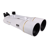 Explore Scientific BT 150mm ED Giant Binocular at three-quarter view, showing both 150mm objective barrels with gold trim rings, the white magnesium chassis, integrated carry handle with finder shoe, and the BT 150ED Doublet identification plate