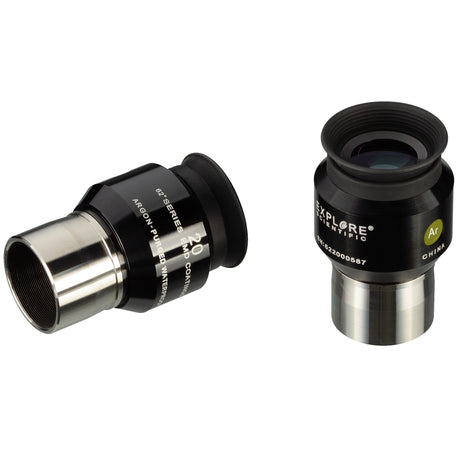 The pair of Explore Scientific 62 degree 20mm LER eyepieces supplied with the BT 150mm ED, engraved 62 Series, EMD Coatings and Argon-Purged Waterproof, shown from the barrel side and the eye lens side