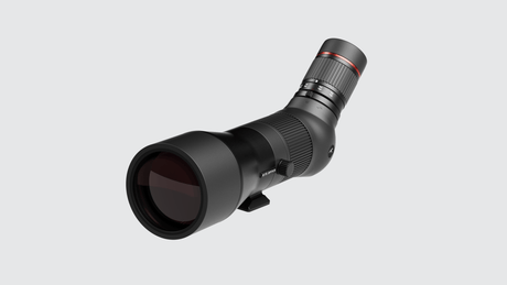 Kite Optics KSP 80 HD2 spotting scope -- side profile showing 45-degree angled body, zoom eyepiece, and integrated tripod foot