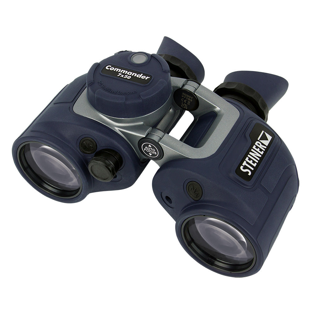 Steiner Commander 7x50c marine binoculars, top-down three-quarter view showing the HD-Stabilized Compass and open-bridge chassis