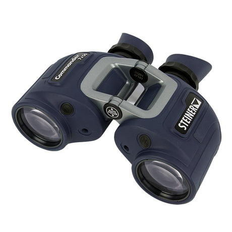 Steiner Commander 7x50 marine binoculars, top-down three-quarter view showing the open-bridge chassis and 50mm objective lenses