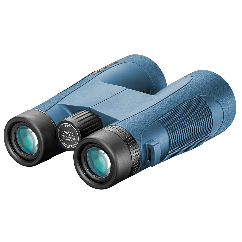 Hawke Endurance ED Marine 7x50 binocular, rear view showing twist-up eyecups, central focus wheel and 7x50 eyecup markings