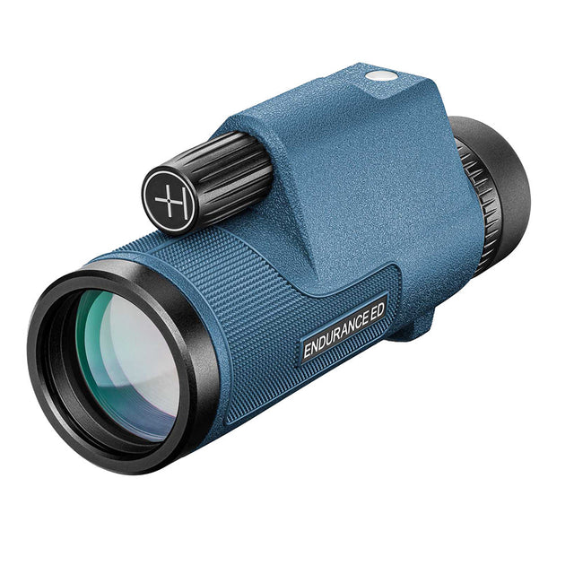 Hawke Endurance ED Marine 7x42 Compass monocular in blue, showing the single 42mm objective barrel, integrated compass housing and twist-up eyecup