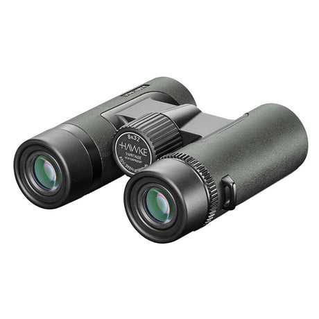 Hawke Vantage 8x32 binocular, rear view showing twist-up eyecups, diopter ring and 8x32 eyecup markings