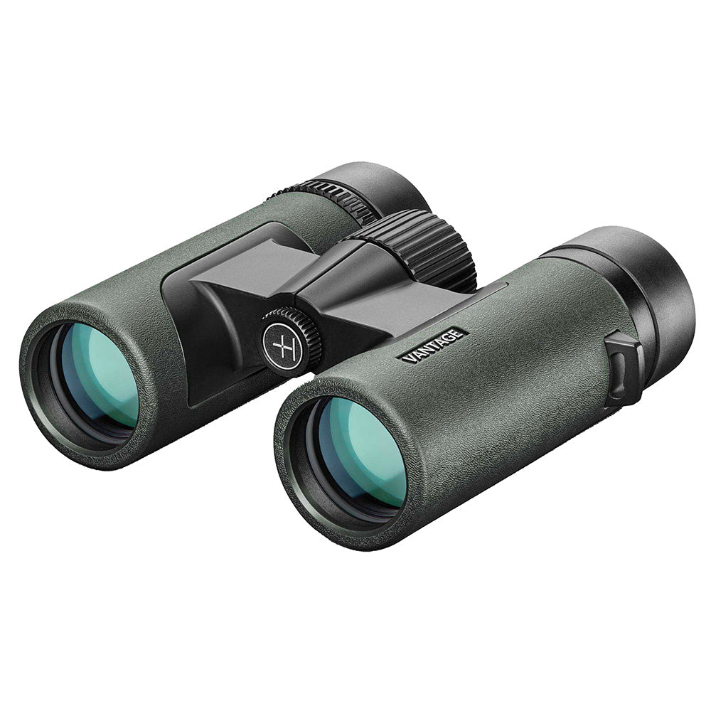 Hawke Vantage 8x32 binocular in green, front three-quarter view showing the 32mm objectives, central focus wheel and Vantage branding