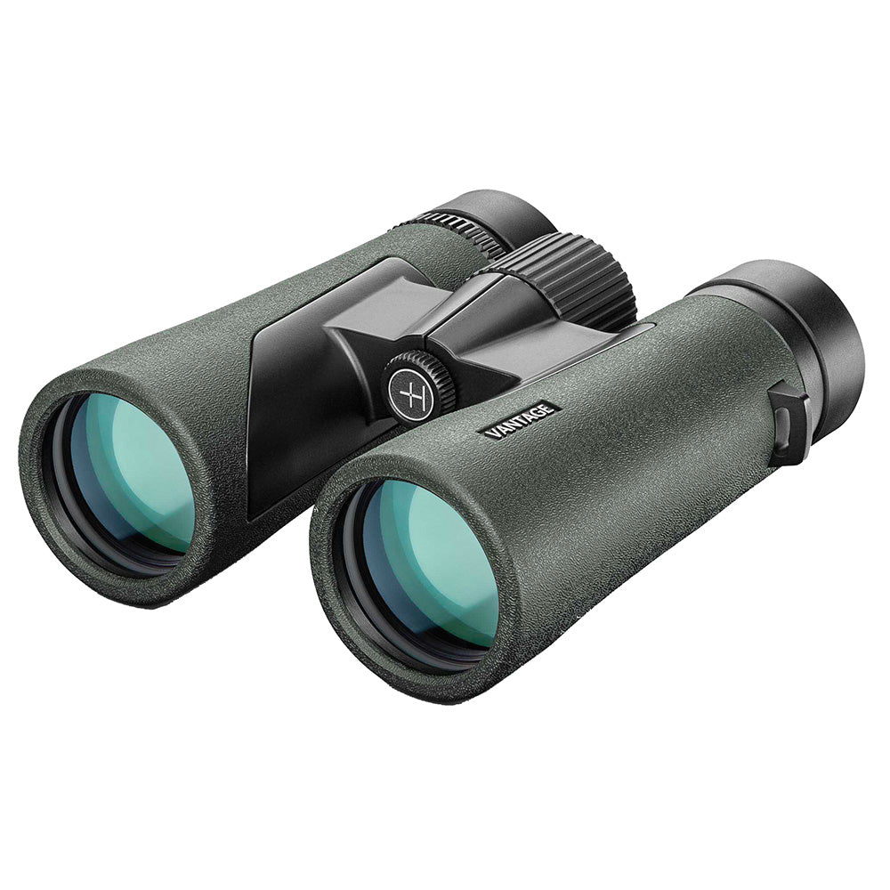 Hawke Vantage 8x42 binocular in green, front three-quarter view showing the 42mm objectives, central focus wheel and Vantage branding