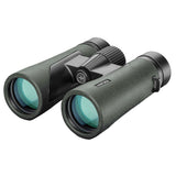 Hawke Vantage 8x42 binocular in green, front three-quarter view showing the 42mm objectives, central focus wheel and Vantage branding