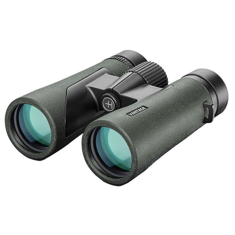 Hawke Vantage 8x42 binocular in green, front three-quarter view showing the 42mm objectives, central focus wheel and Vantage branding
