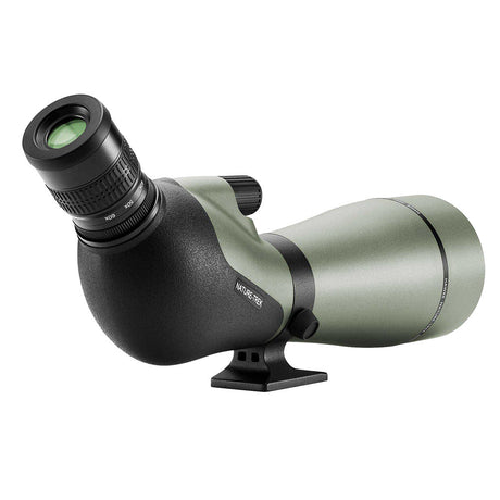 Hawke Nature-Trek 20-60x80 spotting scope, eyepiece-side view showing the 20-60x zoom ring and twist-up eyecup on the 45-degree angled body