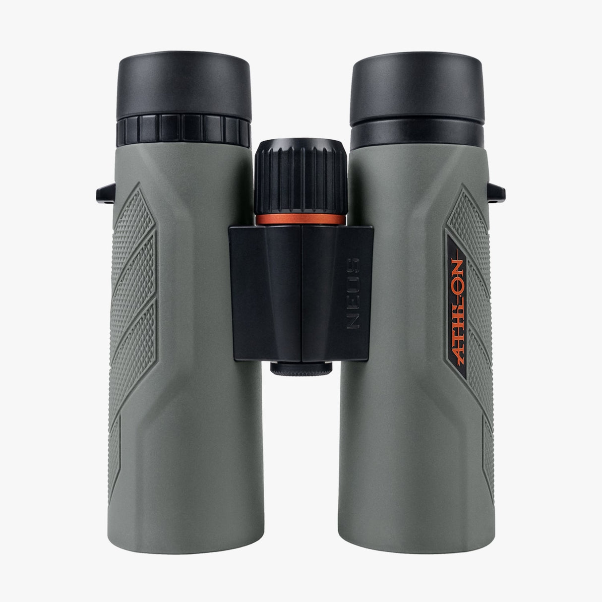 Athlon Neos G2 10x42 HD Binoculars side profile showing twist-up eyecups and center focus wheel
