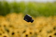 Kite Stabi One suspended in air against sunflower field bokeh, showing compact cube design