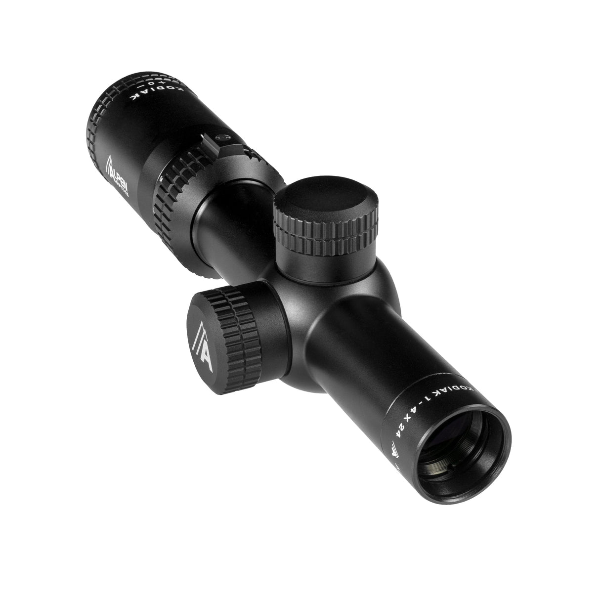 Alpen Kodiak 1-4x24 LPVO three-quarter view showing 30mm tube, 24mm objective, and capped tactical adjustment turrets