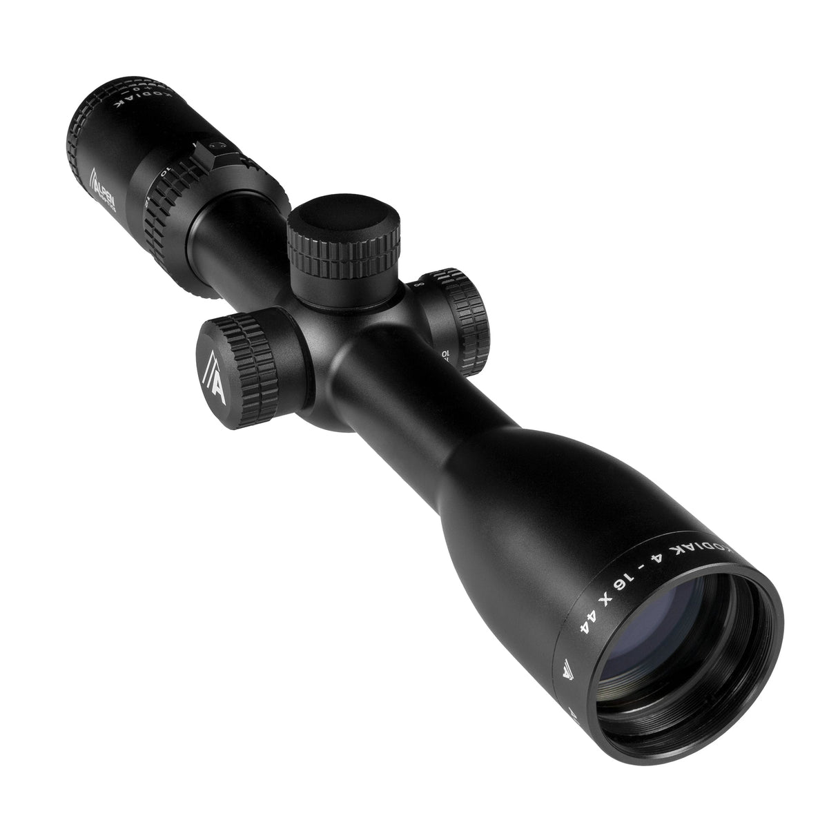 Alpen Kodiak 4-16x44 SFP riflescope side profile showing 30mm tube, side parallax turret, and capped windage and elevation adjustments
