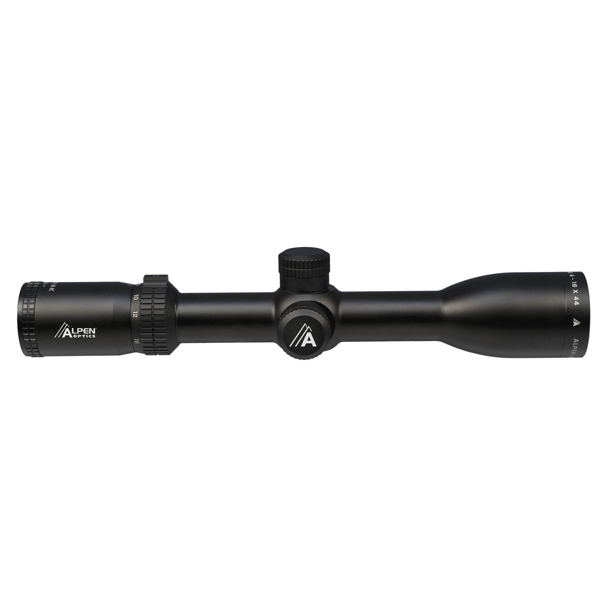 Alpen Kodiak 4-16x44 side parallax turret detail showing distance markings from 10 yds to infinity