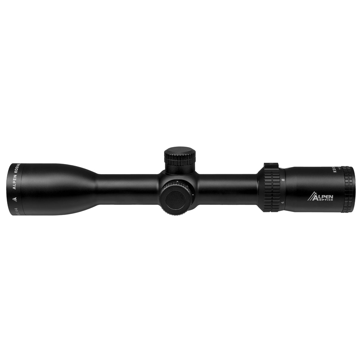 Alpen Kodiak 4-16x44 objective lens view showing 44mm front glass with fully multi-coated lens surface