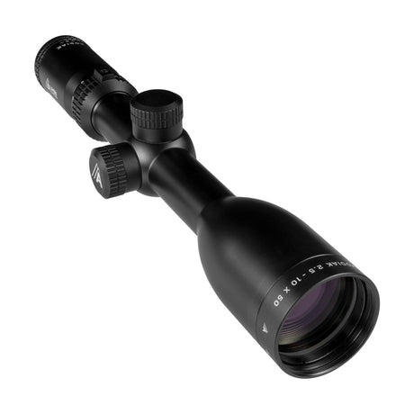 Alpen Kodiak 2.5-10x50 SFP riflescope three-quarter view showing the 30mm tube, 50mm objective, and capped adjustment turrets