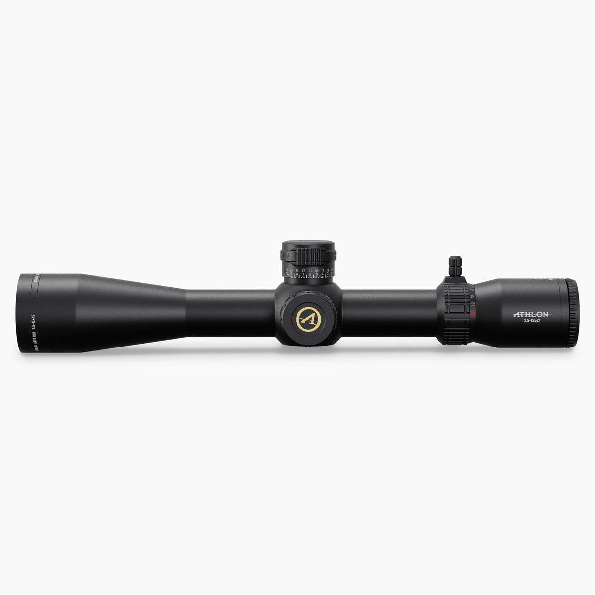 Athlon Ares HLR 2.5-15x42 riflescope top-down view showing elevation turret cap, side parallax focus, and 30mm tube