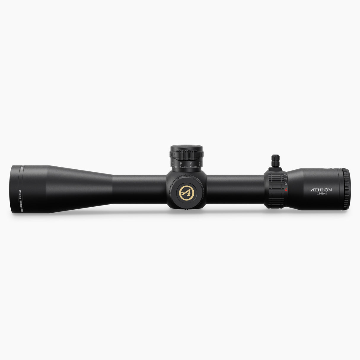 Athlon Ares HLR 2.5-15x42 MIL riflescope top-down view showing elevation turret, side parallax focus, and 30mm tube