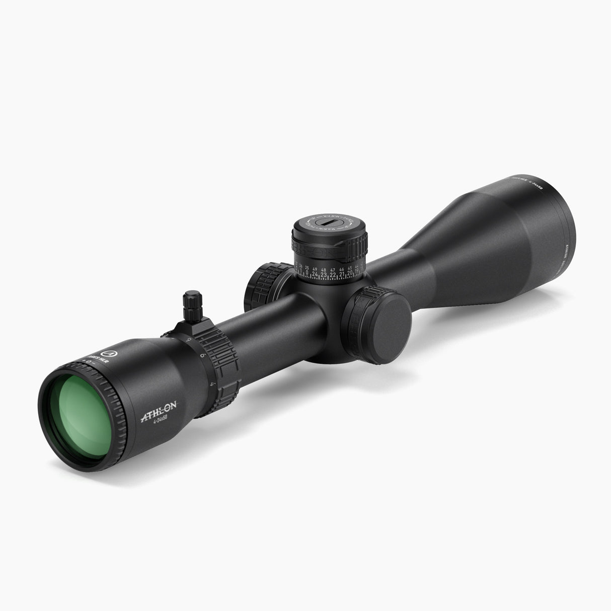 Athlon Ares HLR 4-24x50 riflescope eyepiece side showing magnification ring, throw lever, and capped windage turret