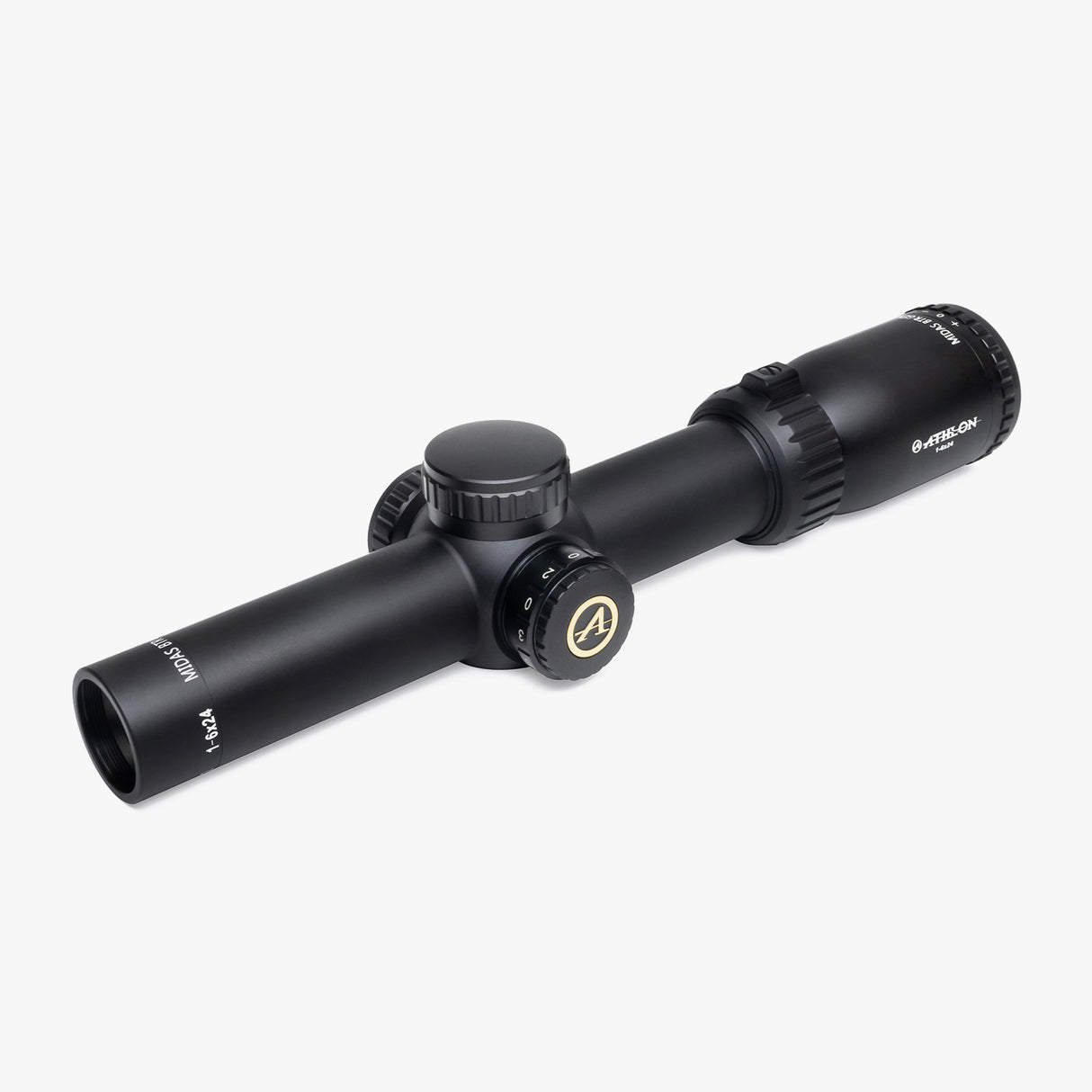 Athlon Midas BTR Gen2 HD 1-6x24 riflescope front three-quarter view showing 24mm objective, capped turrets, and throw lever