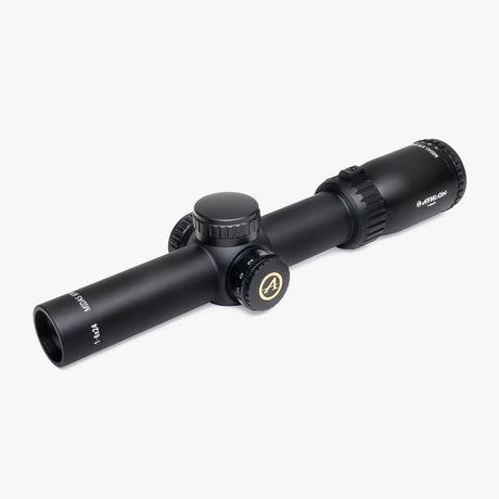 Athlon Midas BTR Gen2 HD 1-6x24 riflescope front three-quarter view showing 24mm objective, capped turrets, and throw lever