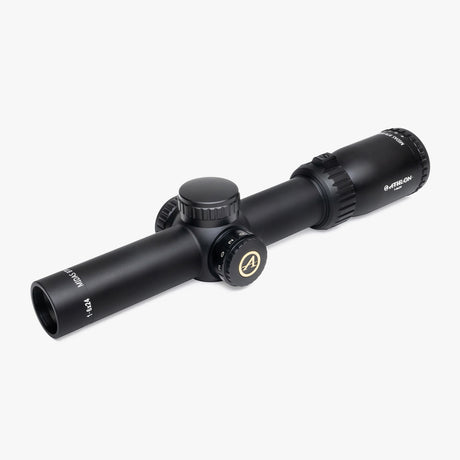 Athlon Midas BTR Gen2 HD 1-6x24 riflescope front three-quarter view showing 24mm objective, capped turrets, and throw lever