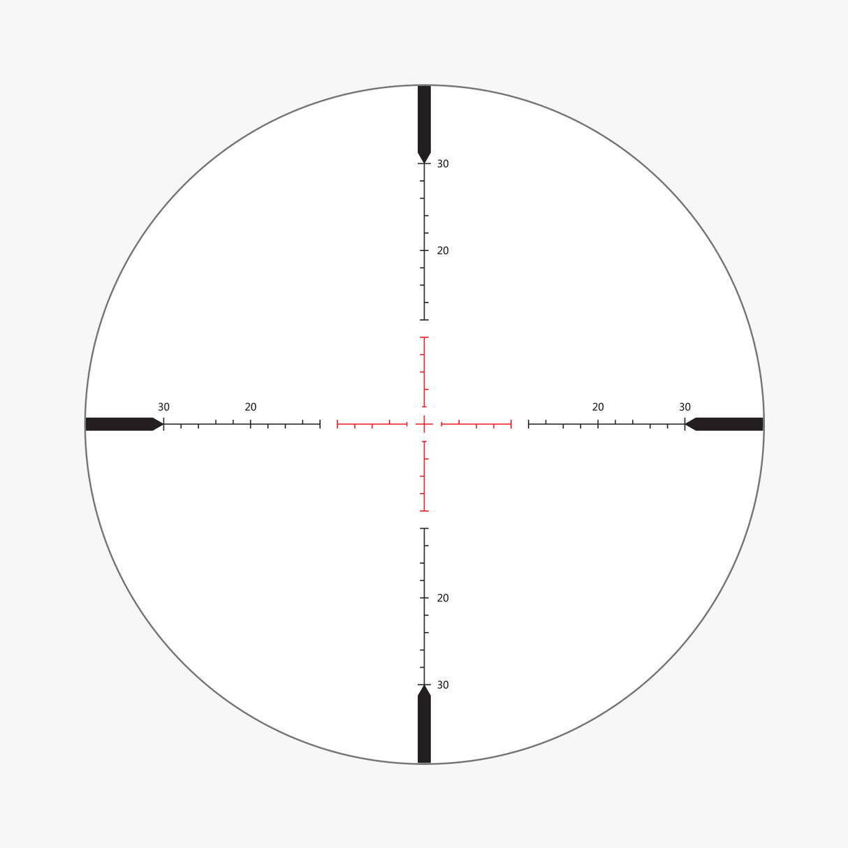 AHMR SFP IR MOA reticle pattern for Athlon Midas BTR Gen2 showing 20 MOA illuminated center, 2 MOA center cross, and hash marks to 30 MOA