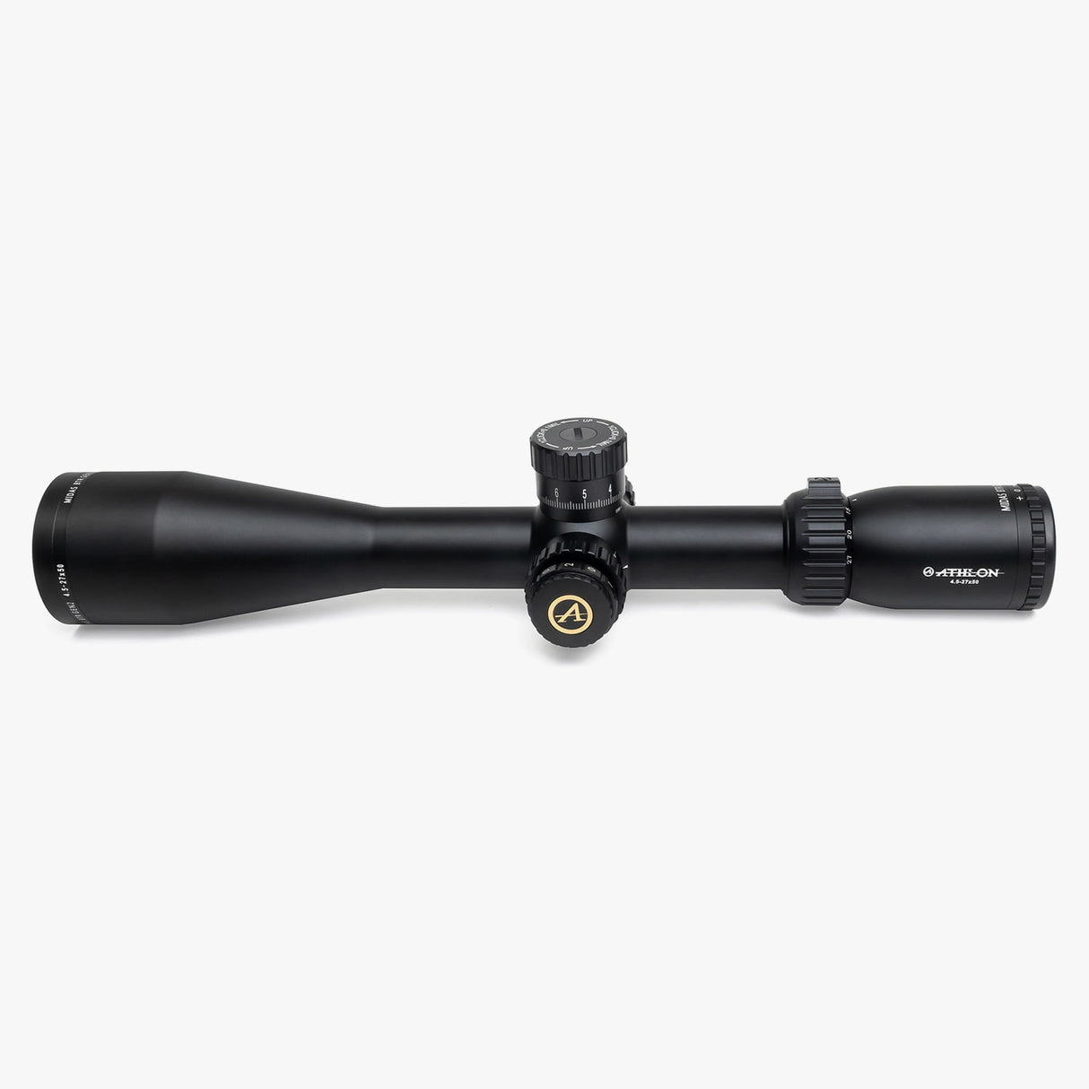 Athlon Midas BTR Gen2 HD 4.5-27x50 riflescope side profile showing 13.8-inch length, exposed turrets, and 30mm tube